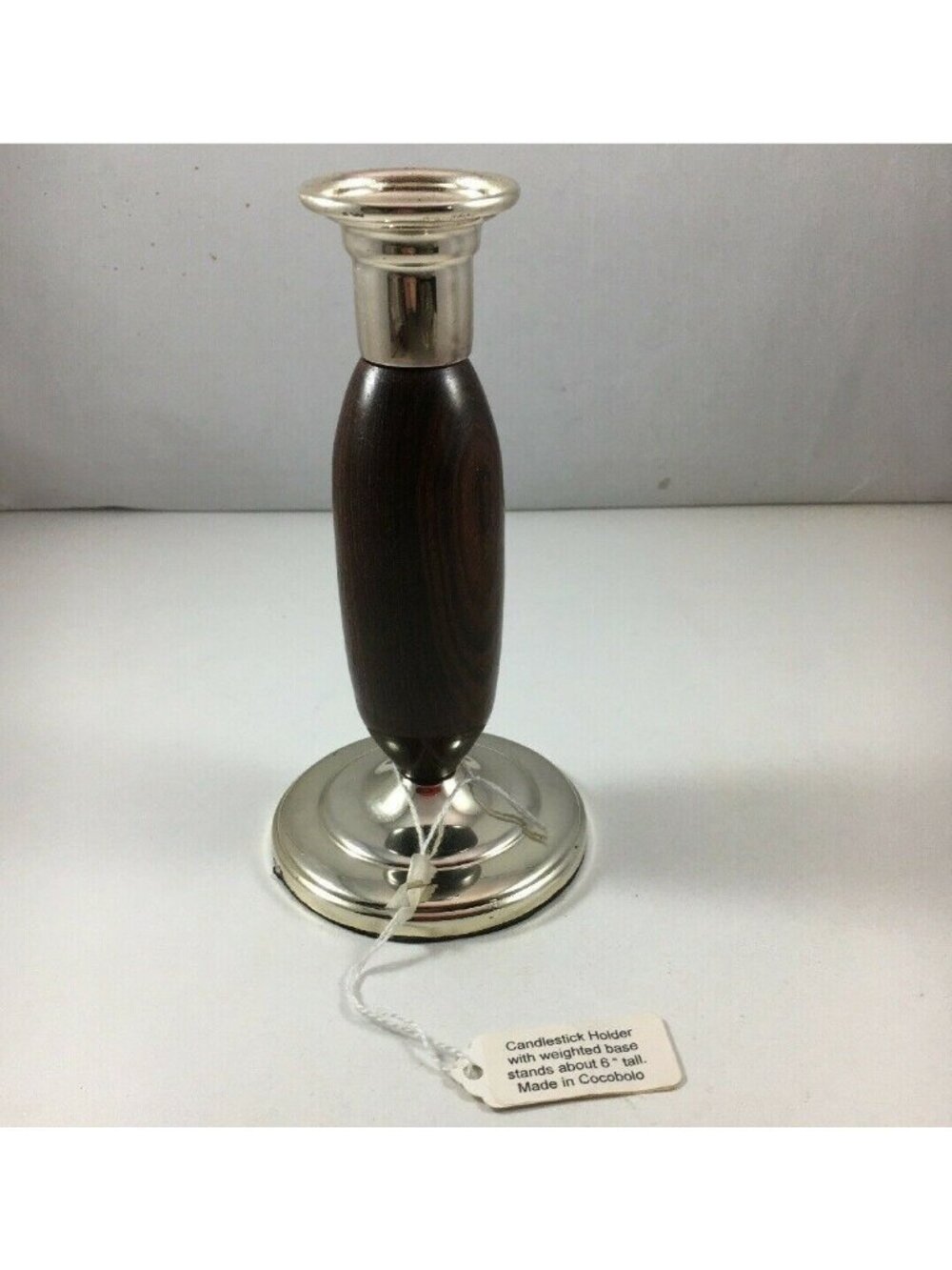 Wood hand-turned 6" candlestick with chrome accents weighted candle stick base